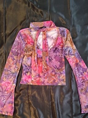 dELiA*s Pink And Purple Floral Velvet Tie-Neck Long Sleeve Top
